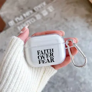 Faith Prevails Pattern TPU Soft Protective Case for Apple AirPods 4/3/2/1/Pro/Pro2 Transparent Earphone Cover with Keychain Attachment