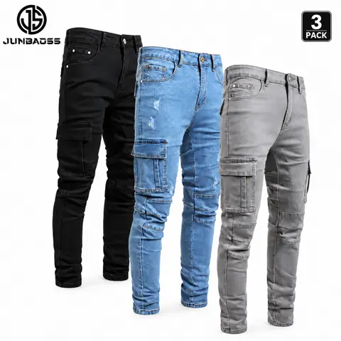 JUNBAOSS Men's 1-3 Pack Slim Fit Stretch Jeans Cargo Skinny Jeans for Men, Distressed Straight Leg Fashion Casual Comfort Flex Waist Denim Pants, Menswear Classic Street Style Cotton Fabric Jean Natural Hipster Personalized Stylish Jeans backtoschool