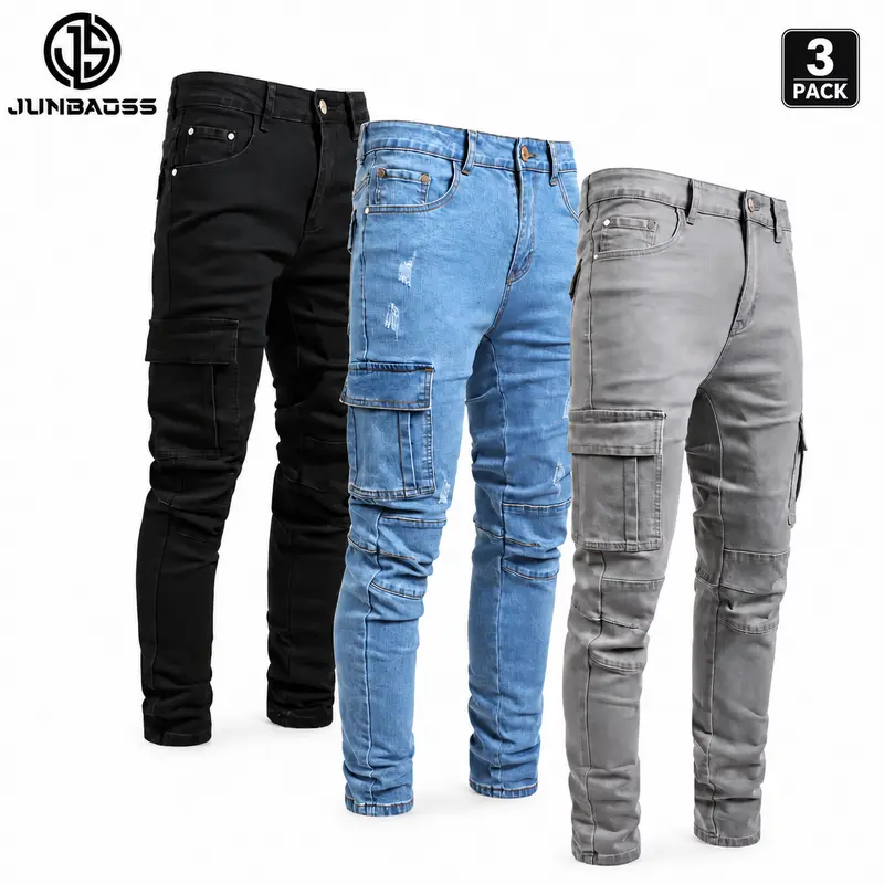 JUNBAOSS Men's 1-3 Pack Slim Fit Stretch Jeans Cargo Skinny Jeans for Men, Distressed Straight Leg Fashion Casual Comfort Flex Waist Denim Pants, Menswear Classic Street Style Cotton Fabric Jean Natural Hipster Personalized Stylish Jeans backtoschool