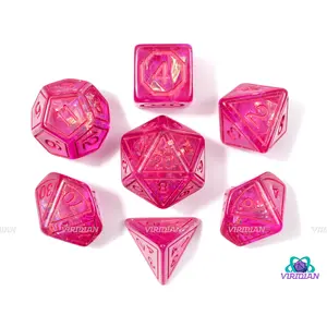 Pink Magic Stone | Hot Pink Translucent, Frame Design, Holographic Film | Resin Dice Set (7)