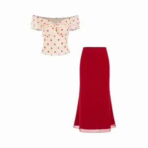Cider Mesh Off-Shoulder Polka Dot Ruffled Top & Mermaid Maxi Skirt Set