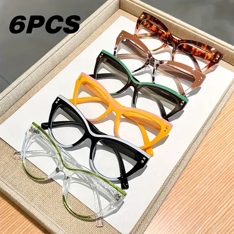 Ladies' Over-sized Cat Eye Reading Glasses 6-piece Set - Retro Blue Light Blocking, Full Frame Metal Rim with Chain Dec, Includes Cleaning Cloth for Computer and Digital Screens, Blue Light Protection | Retro Cat Eye Glasses, Trending Eyeglasses