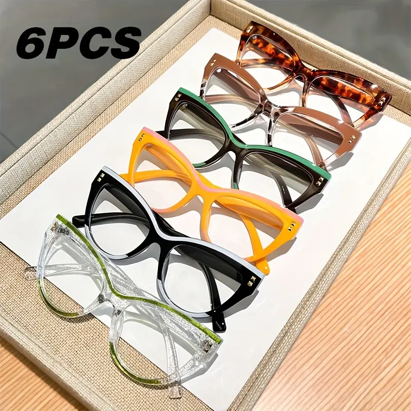 Ladies' Over-sized Cat Eye Reading Glasses 6-piece Set - Retro Blue Light Blocking, Full Frame Metal Rim with Chain Dec, Includes Cleaning Cloth for Computer and Digital Screens, Blue Light Protection | Retro Cat Eye Glasses, Trending Eyeglasses