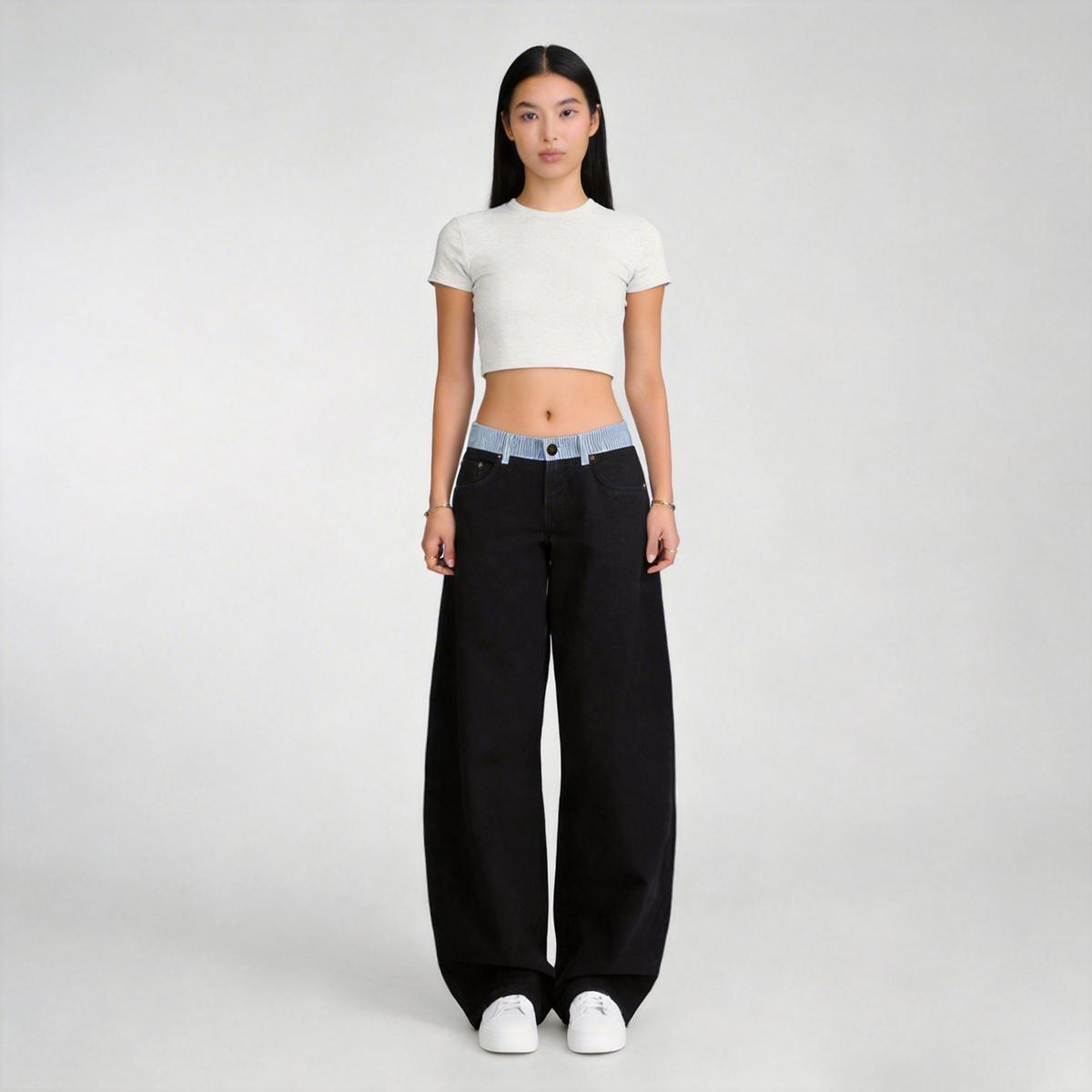 Pwest NYC Jodie Adjustable Low-Rise Loose-Barrel Leg Jeans — Y2K Minimalist Style, Adjustable Snap Buttons, Color-Blocked Waistband, Loose-Leg Cut, Soft Daily Wear Pwest NYC Jodie Adjustable Low-Rise Loose-Barrel Leg Jeans — Y2K Minimalist Style, Adjustable Snap Buttons, Color-Blocked Waistband, Loose-Leg Cut, Soft Daily Wear