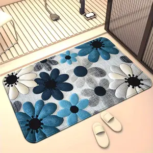 1Pc Bathroom Anti-Slip Mat with Floral Pattern Blue Flowers on Dark Background Heavy Duty Absorbent Door Mat for Bathroom Kitchen Living Room Entrance Non-Slip Backing Machine Washable