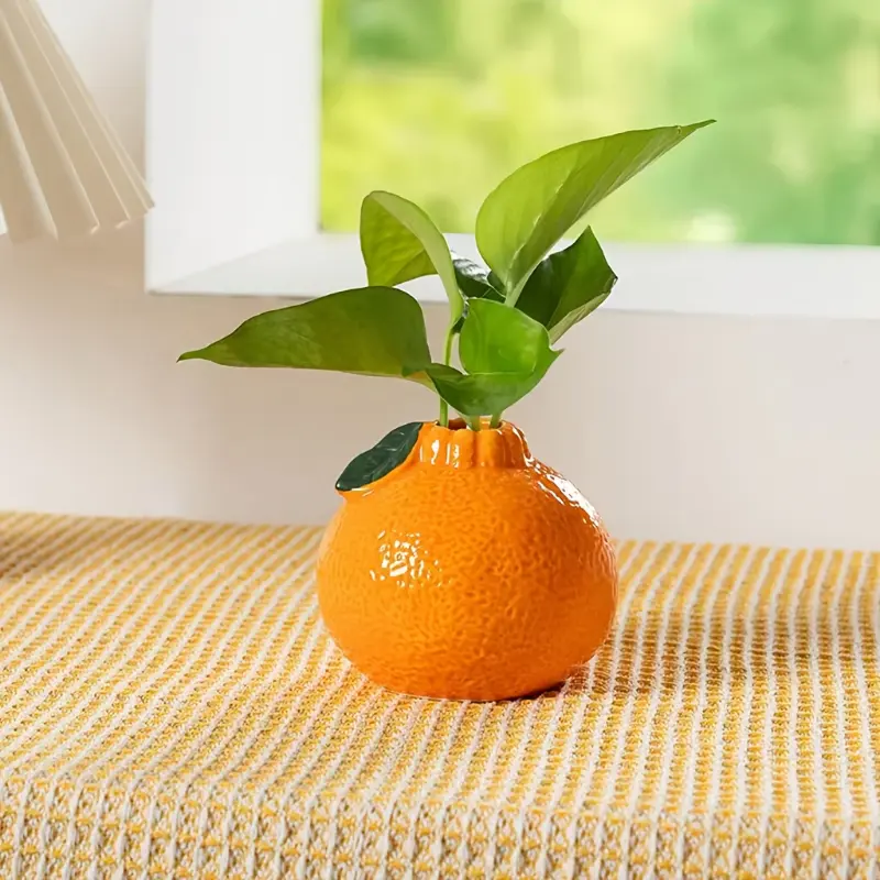 Handmade Ceramic Orange Vase, Artistic Decorative Pottery, Round Glass & Ceramic Home Decor, No Power Required, Battery Not Included Flower Ornaments Tangerine