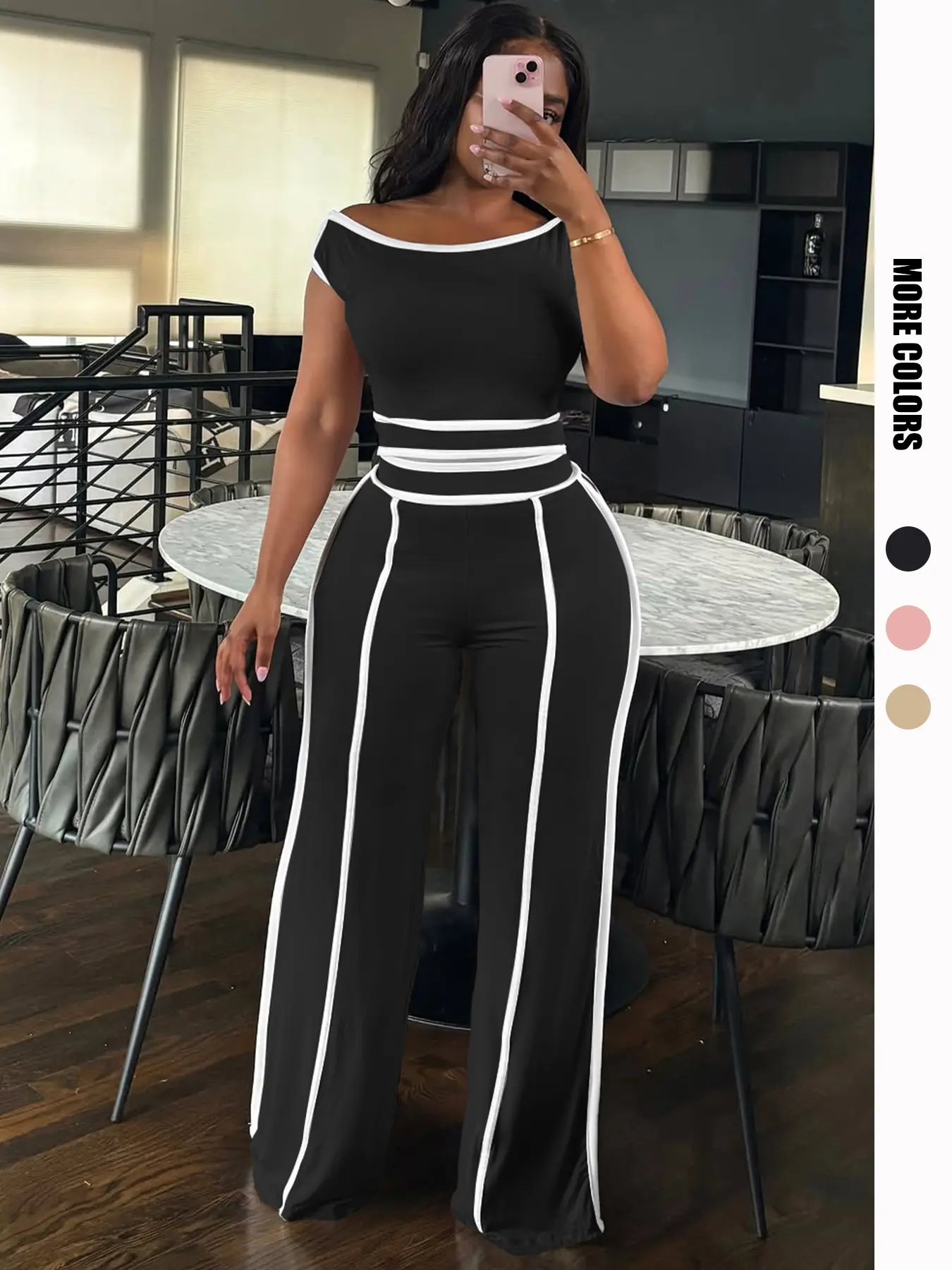 USBOUTIQUE CHIC Women's Comfortable Fitted Top & Wide Leg Pants Matching Set Casual Loungewear Spring