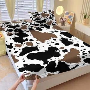 3Pcs Abstract Animal Print Fitted Sheet Set, Decorative Bedsheet Sets, Black, Brown & White Spot Pattern, Modern Design for Trendy Bedrooms, Soft & Durable Fabric, Perfect for Home Décor & Gift Ideas, Includes 1 Fitted Sheet and 2 Pillowcases