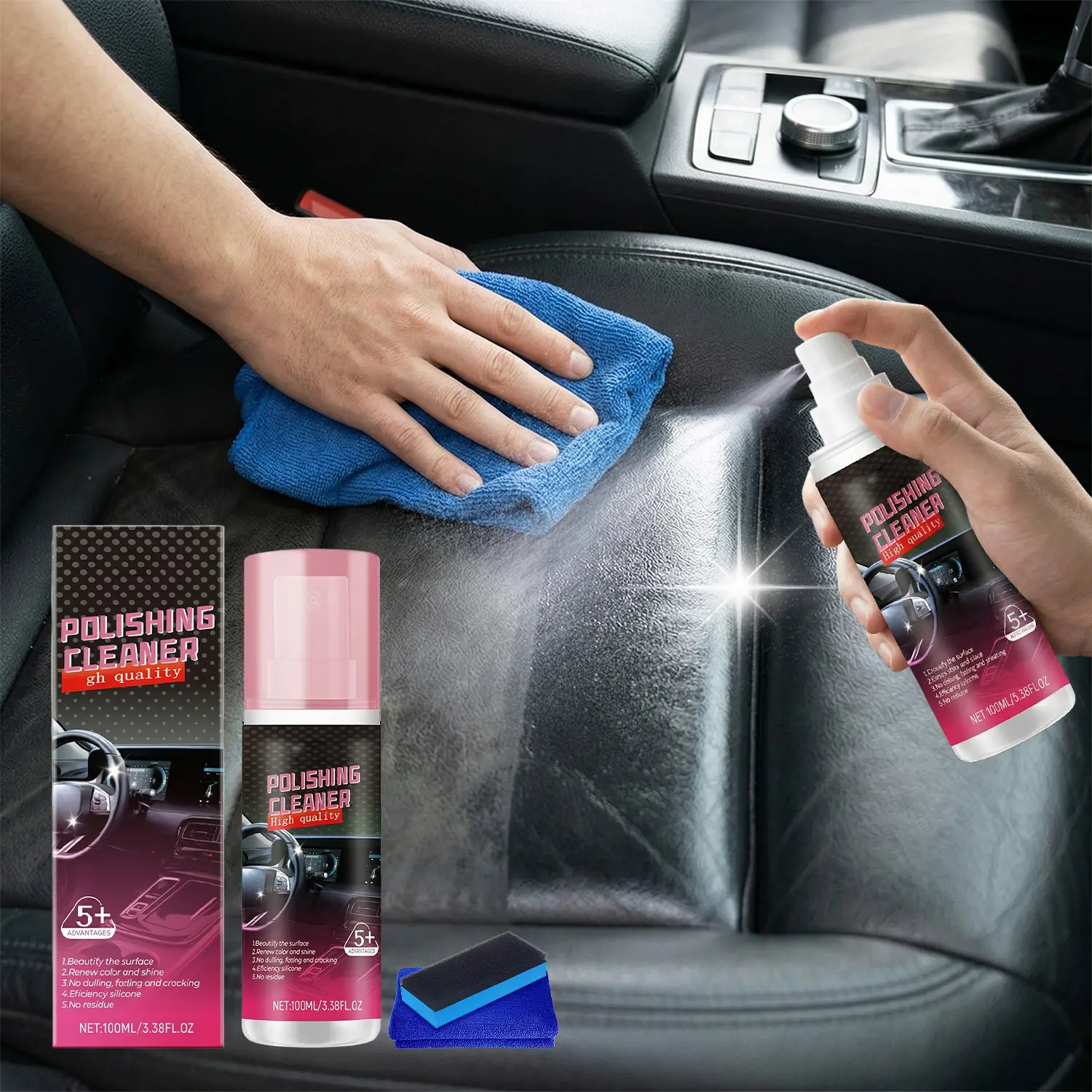 Caurfa 100ml Car Waterless Spray Wax & Interior Care Cleaner, Car Detailing Product for Interiors & Exteriors with Hygienic Protection