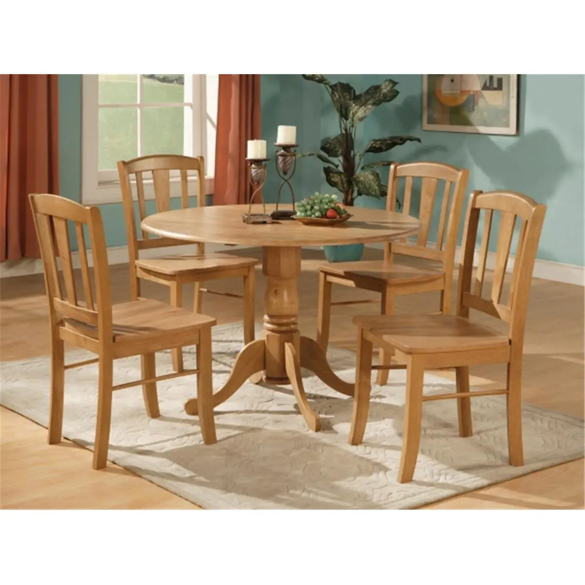 212 MAIN 5-Piece Compact Indoor Kitchen Furniture Set - Asian Hardwood Round Drop-Leaf Table, 4 Oak Finish Dinette Chairs for 4 Seats, Dining Table Decor