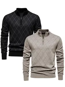 Men's Checkerboard Print Half Zip Pullover, Casual Comfy Regular Fit Long Sleeve Collared Sweater for Daily Wear, Men's Knitwear for All Seasons, Casual Fashion Knitwear, Tops
