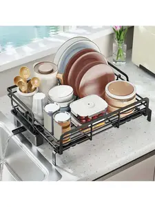 Carbon Steel Kitchen Countertop Dish Drying Rack with Rubber Organiser, Retractable, Expandable and Adjustable Design for Fruits Storage
