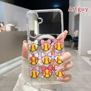Magnetic Soft Case for Samsung Galaxy S26 Edge S23 Ultra S24 Plus FE S25 S22+ Bow Adorned Softballs Pattern Anti-Yellowing Shockproof ultra-thin Silicone Crystal Transparent Acrylic Large Hole Cover Supports Wireless Charging