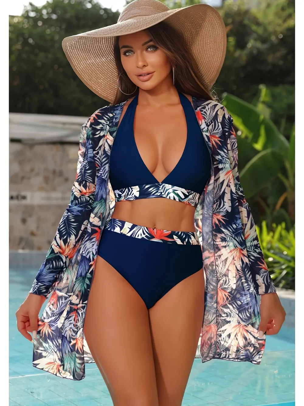 Women's 3-Piece Boho Bikini Swimsuit Outfit - High-Stretch Tropical Print Halter Top, High-Waist Bottom, Knit Cover-Up, Halter Swim Top, Halter Bikini Set, Beachwear Swimsuit