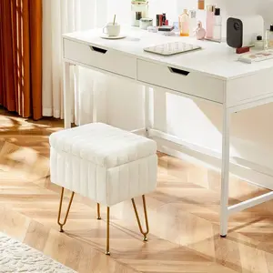 Vanity Stool Chair Faux Fur With Storage, Soft Ottomans 4 Metal Legs With Adjustable Anti-Slip Feet Thick Padded Seat Modern Multifunctional Bedroom Chairs For Makeup