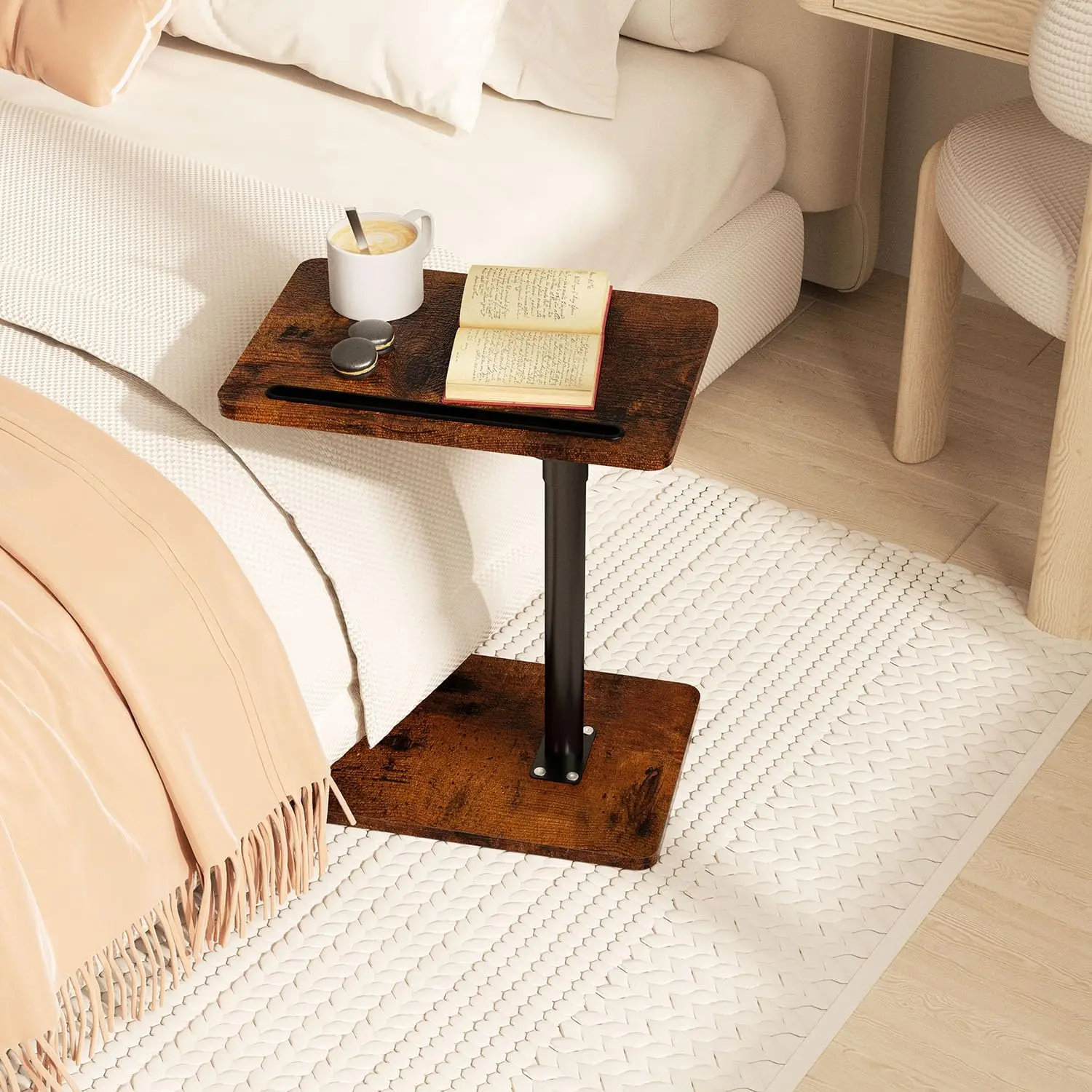 Rural Design Wooden Swivel C-Shaped Side Table - 360° Rotating, 18” to 33” Height-Adjustable Tray Handrail for Small Spaces, Sofa, Bed, with Phone & Tablet Slots, Home Organizer Storage Rack