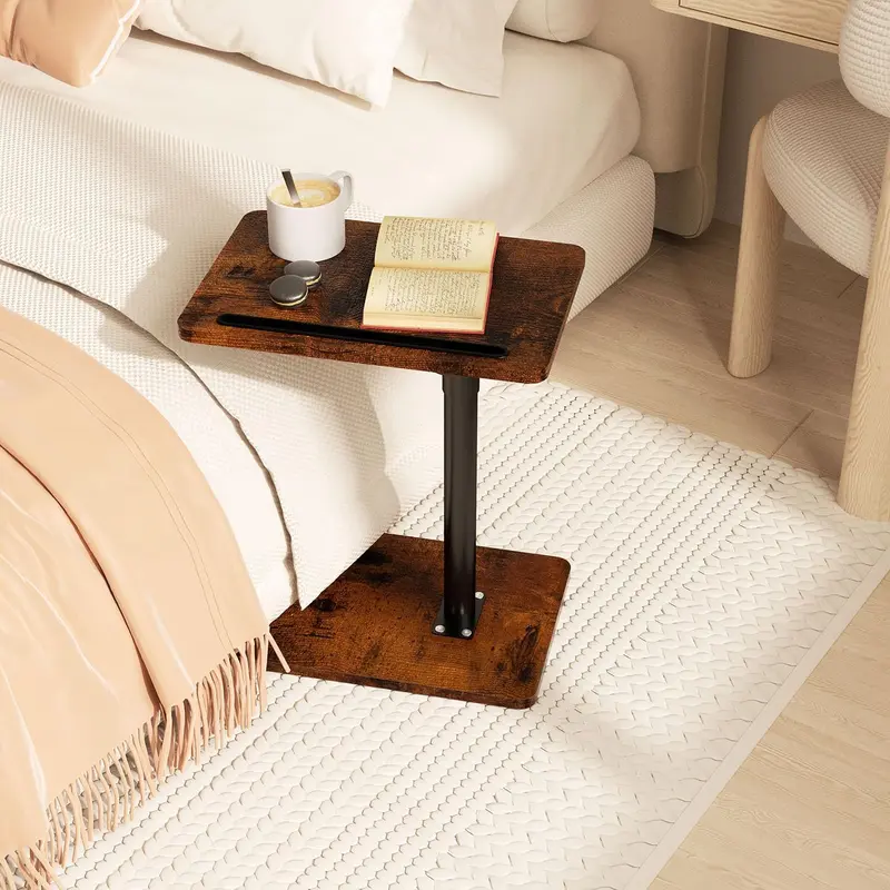 Wood Adjustable C-Shaped Swivel Side Table - Rural Design Home Organizer, 360° Swivel, 18in to 33in Height Adjust, Compact for Small Spaces, Tray Handrail, Phone & Tablet Slots, Bed/Chair Use, Assembly Required, Housewarming Gift Option