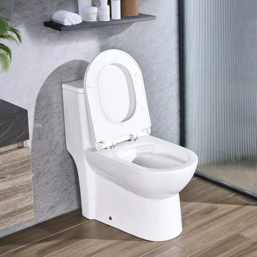 【Summerfinds】  Elongated Skirted Toilet, 1-Piece Standard Height Skirted Toilets with 10-Inch Rough-In, Vortex Dual-Flush (1.1/1.6 GPF), Comfortable Chair Seat, Easy-Clean Design, White Silver