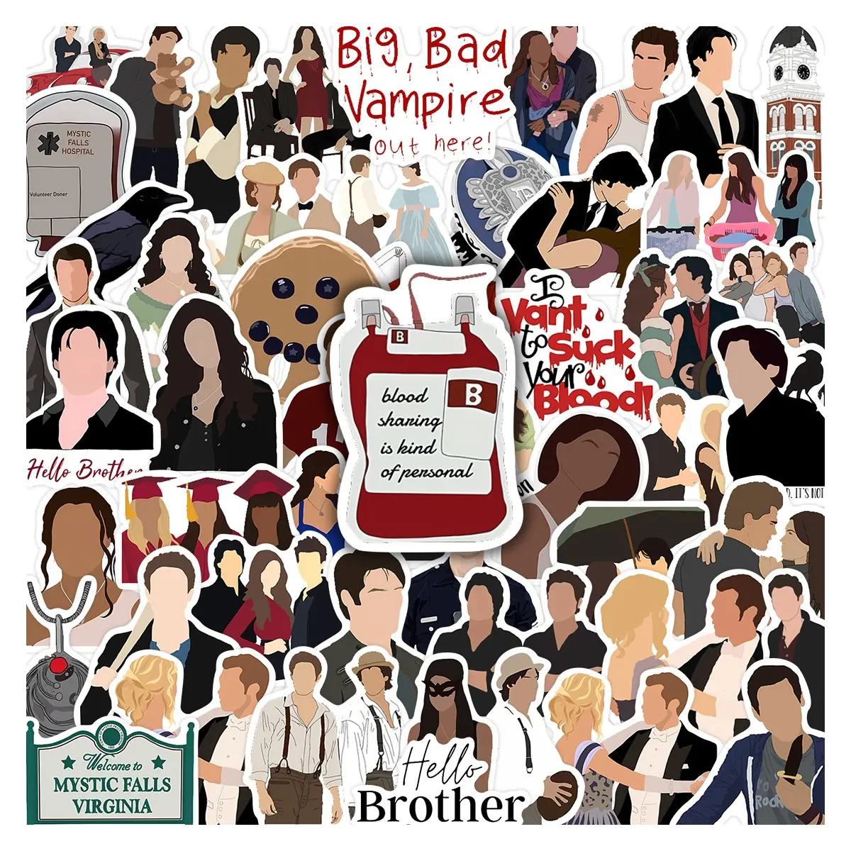 52pcs The Vampire Diaries TV Show Stickers Pack, Sticker Sheets, Sticker Packs, Waterproof Mystic Falls Character & Iconic Quote Decals, Decorative Stickers for Laptop, Water Bottle, Journal & Scrapbook, TVD Fan & Vampire Drama Lover Gift