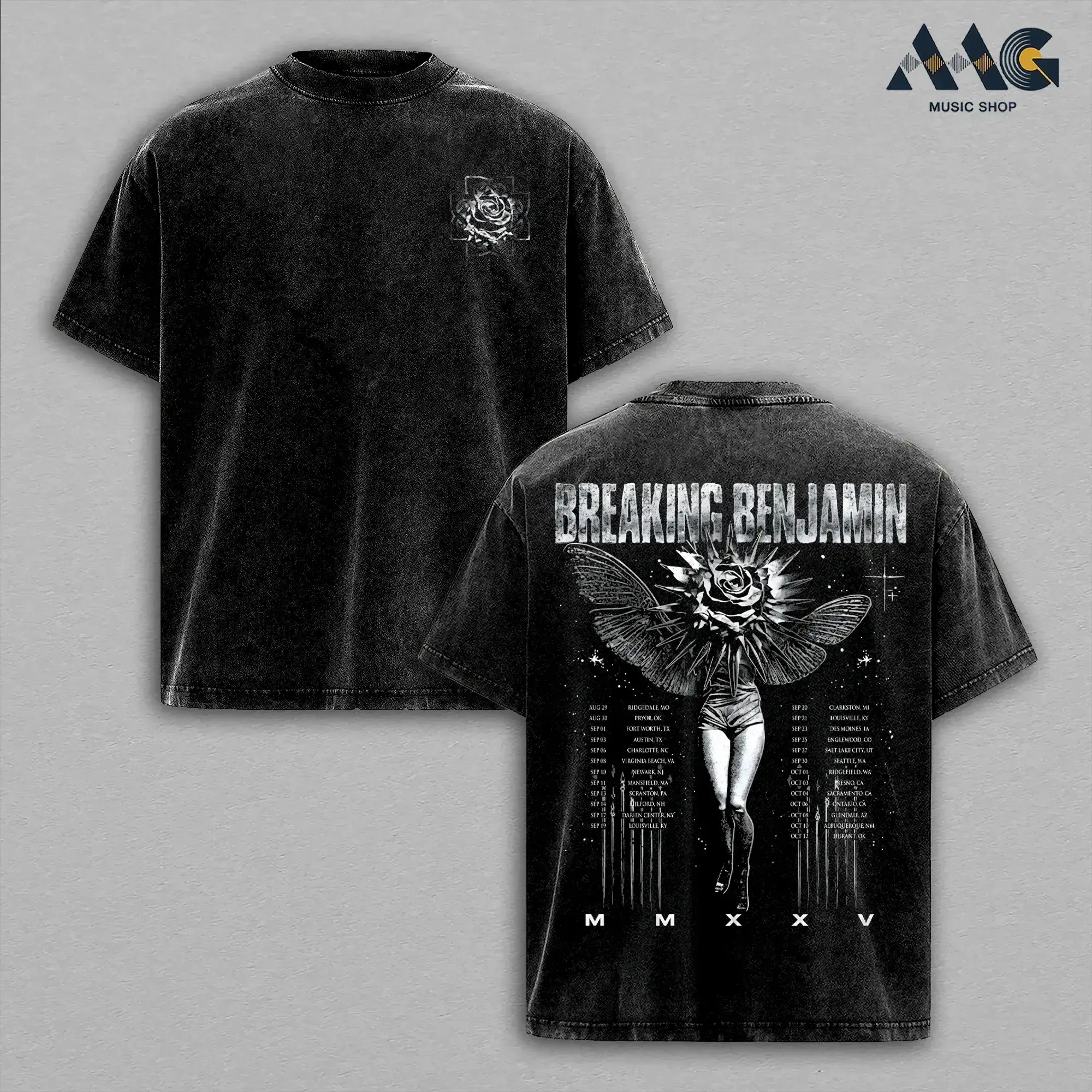 Breaking Benjamin Dark Surreal Rose Butterfly Wing Streetwear Heavy Cotton Top, Alternative Metal Rock Band Concert Merch, Oversized Graphic Tee Men, Y2k Casual Fashion Apparel, Vintage Washed Heavyweight Short Sleeve Top, Graphic Tee Unisex Heavyweight