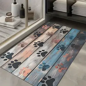 1pc Paw Print Bathroom Anti-Slip Mat, Super Absorbent Quick-Dry Soft Diatomite Shower Rug, Suitable for Entrance, Bathroom, Kitchen, Café, Bar - Ideal Gift, Bathroom Carpet (with a rustic wood background featuring colorful paw prints)