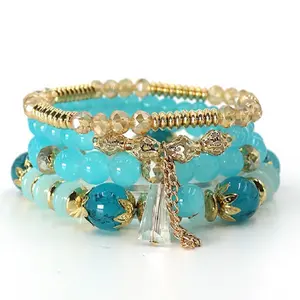 Bohemian Style Multi-Layer Crystal Bracelet Set Exotic Jewelry for Women Fashion Accessories with Turquoise Beads and Gold Accents
