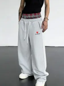 Men's Layered Waistband Sweatpants, Fake Two-Piece Wide Leg Straight Pants, Trendy Long Pants for All Seasons, Loose-Fitting Graphic Style