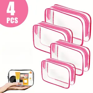 4 Pack Clear Toiletry Bag, Portable Travel Makeup Pouch with Zipper, PVC Cosmetic for Airport Airline Compliant