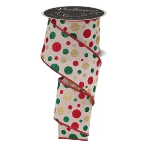 2.5" x 10yd Multi Polka Dot Ribbon – Light Natural, Red, Gold & Emerald