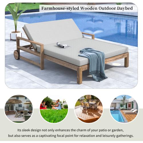 Wood-Frame Outdoor Sunbed with 4-Level Adjustable Backrest, Cushioned Seat, Armrest, 56.7"l x 76.2"w x 33.5"h, 89.2 lbs, 2-Person Lounger for Poolside, Backyard, Outdoor Daybed