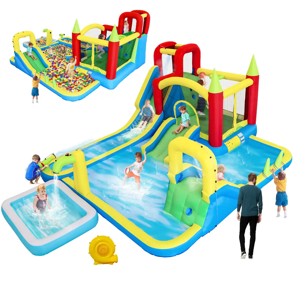 Unisex 11-in-1 Inflatable Outdoor Water Slide Park with Blower - Dry and Wet Slides, Large Pool, Water Gun, Trampoline, Climbing Wall, Basketball Hoop, Ring Toss Game, Backyard Party Bounce Castle for Children, Sports