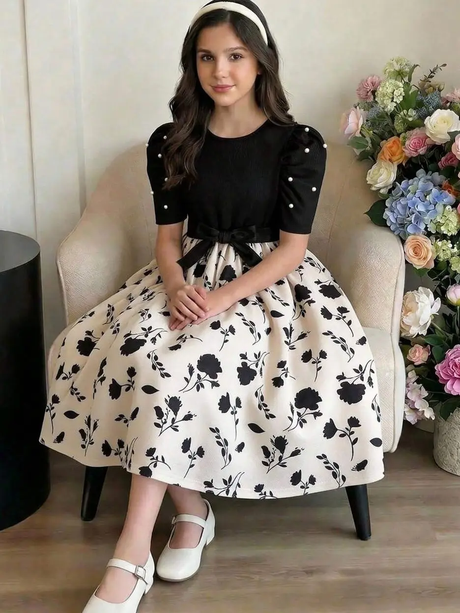 Tween Girl Floral Print Puff Sleeve Dress, Casual Summer Dress with Faux Pearl Belt for Vacation