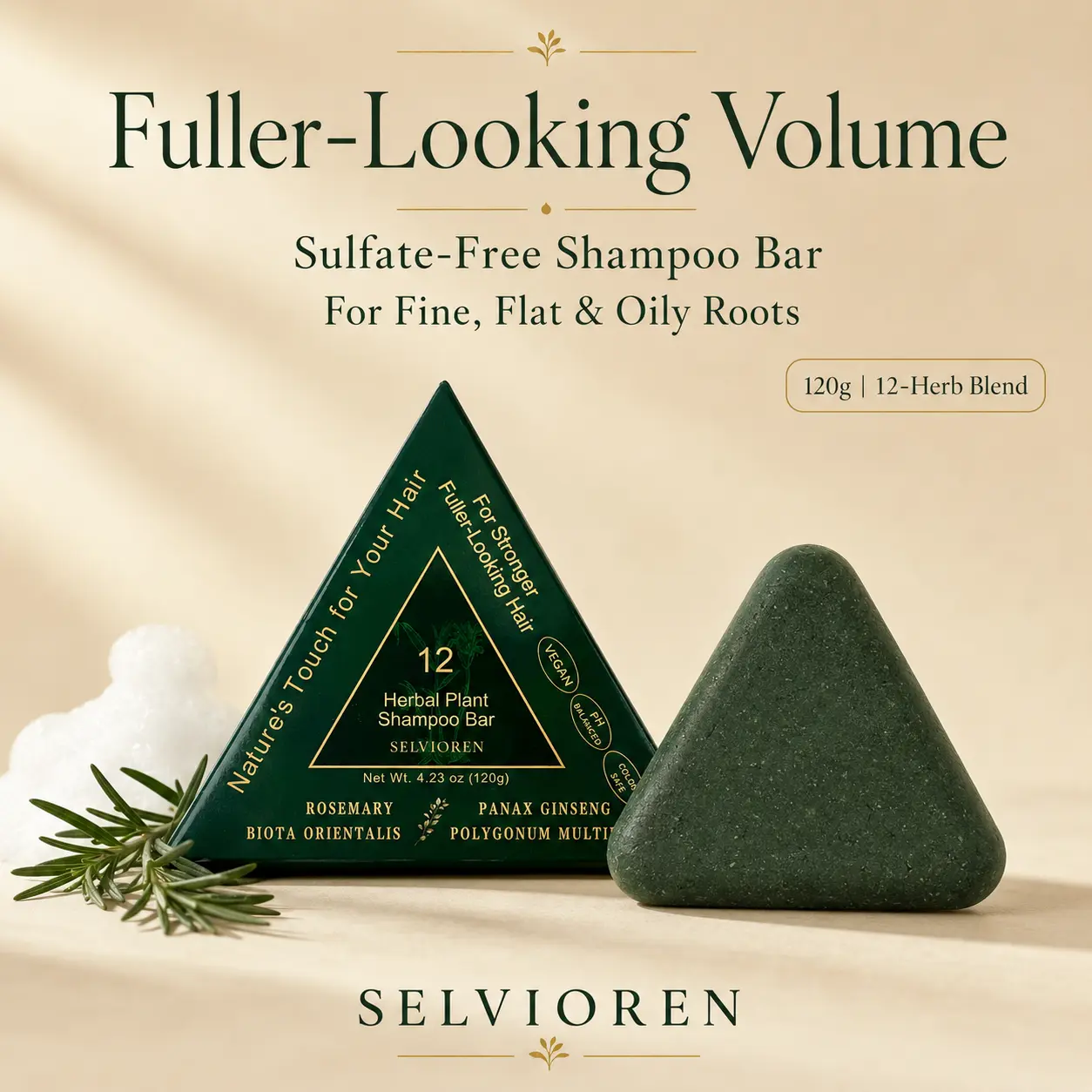 Selvioren 12-Herb Rosemary & Usma Grass Shampoo Bar (120g) | Volumizing Wash For Thin-Looking Fine Flat Hair | Oily Scalp Detox | anti-dandruff anti-itch oil contro l Root Volume & Breakage Relief | Sulfate-Free Botanical Blend | Summer Care Essential