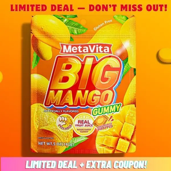MetaVita Big Mango / Big Peach Gummy - 20 Large Pieces 141g, Juicy & Chewy, Real Mango Taste, Resealable Pack, Gluten Free, Sweet Bonbon Fruit Candy, Perfect for Kids & Adults, Holiday Gift, Party Favor