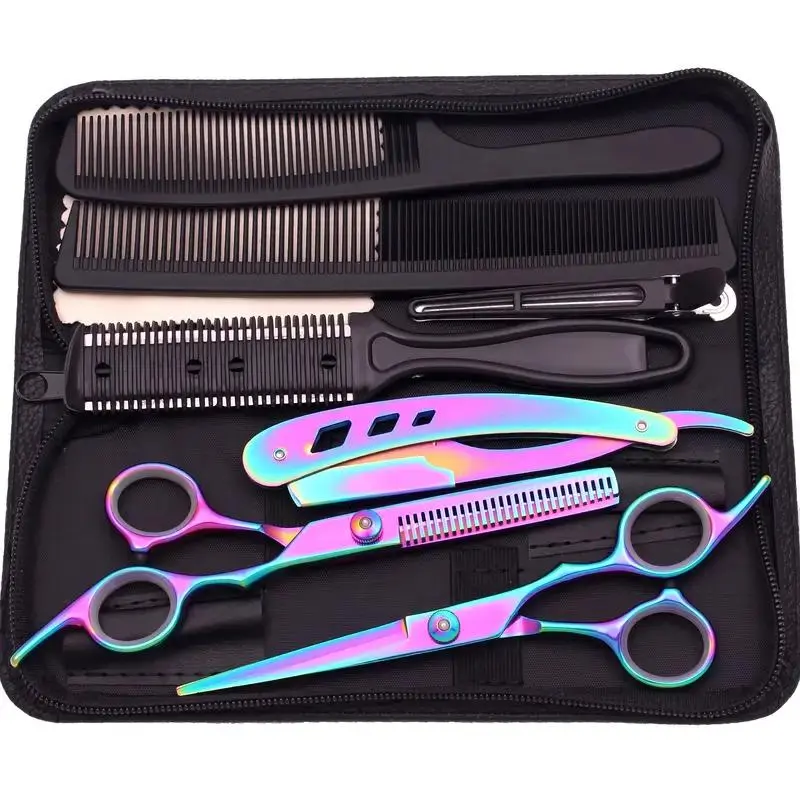 Japan Stainless Hair Scissors Set for Hairdressing, Hairdressing Tool Set, Thinning Shears and Barber Shop Quality, Barber Equipment, Includes Combs and Razor, Barber Haircut Kit