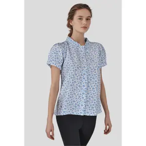 Flowers Puff Sleeve Top - Round Neck Short Puffy Sleeves Hidden Buttons Front 100% Polyester Machine Washable Fashion Women's Blouse