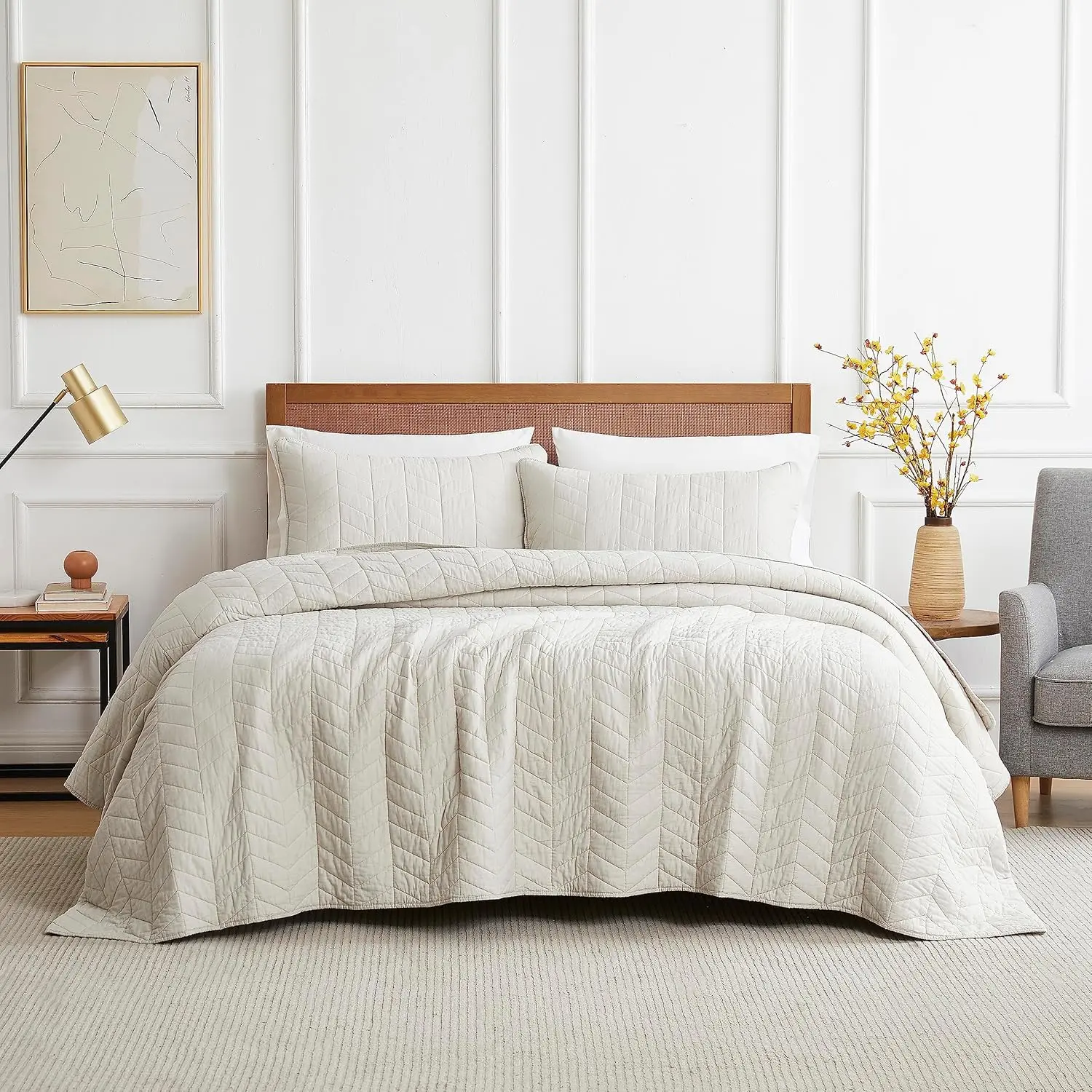 Beige Cotton Queen Size 3-Piece Bedding Set with Pillow Shams, White Lightweight Soft Bedspread Coverlet, Tan Cream Quilted Comforter Bed Cover for All Season (90x96 in)