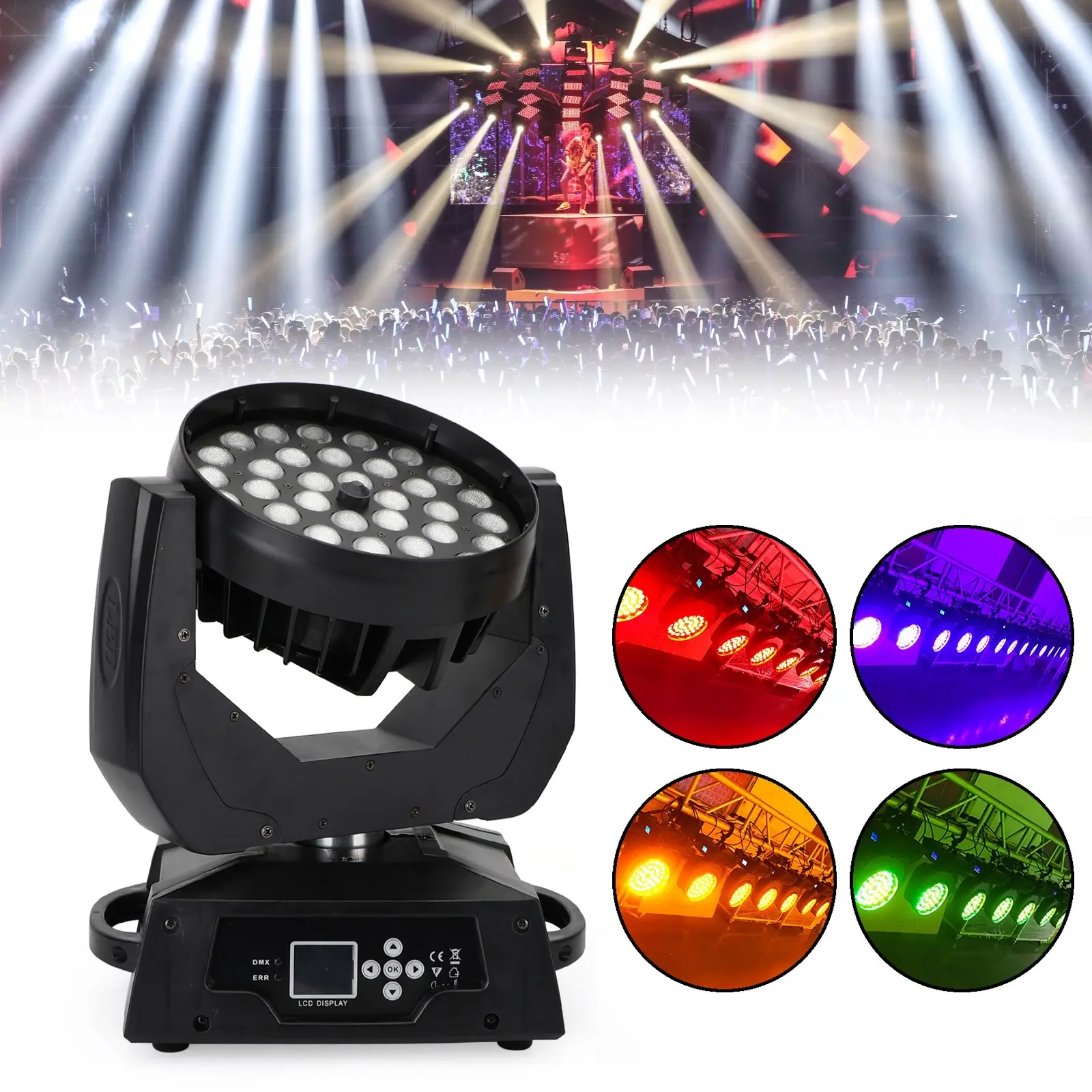 360W RGBW 4-In-1 LED Zoom Moving Head Wash Stage Light, 36x10W Fancy Leds, Plastic Body, DMX Control, Adjustable Light Colors, Dynamic RGB Lighting, Color Changing for DJ Parties, Auto-Zoom Lens