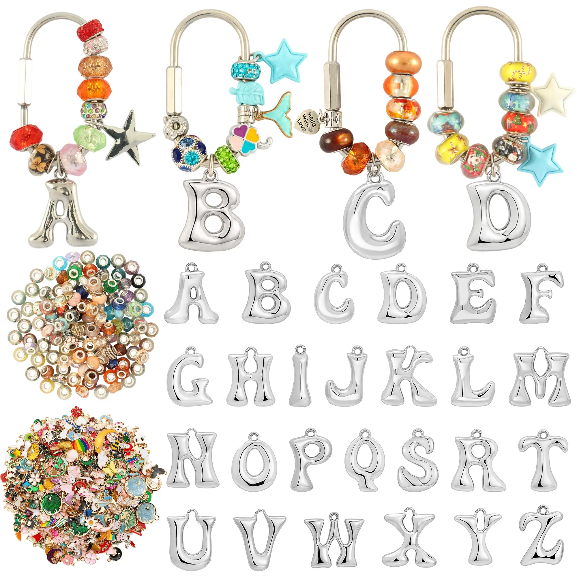 17-Piece Beaded Screw-Clasp Keychain Set, Includes Alphabet and Random Color Large-Hole Beads, Alloy Charms – Creative DIY Keychains for Men and Women, Jewelry Making Materials, Perfect Gift for Her/His, Ideal for Halloween, Christmas, and Valentine's Day