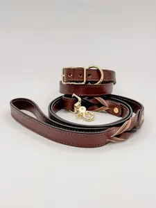 Brown Leather Leash & Collar - Premium Full-Grain Leather, Handcrafted, Durable, Comfortable, Strong Stitching, Solid Hardware, Perfect for Everyday Use
