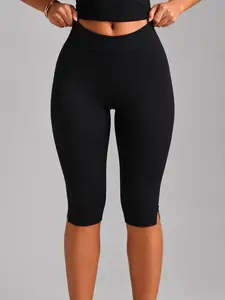 Women's High-Waisted Knee-Length Cycling Shorts, Side Slit Slim Fit Bike Pants, Stretch Waistband Sport Leggings, Soft Fabric