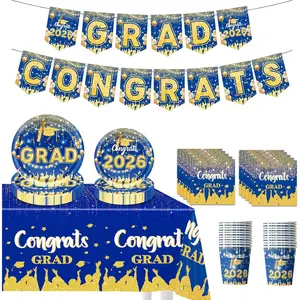 Party Supplies for Graduation Decorations 2026 - Complete Party Tableware Set with Congrats Grad Banner, Class of 2026 Backdrop, Waterproof Tablecloth & Paper Plates for School Celebrations Blue