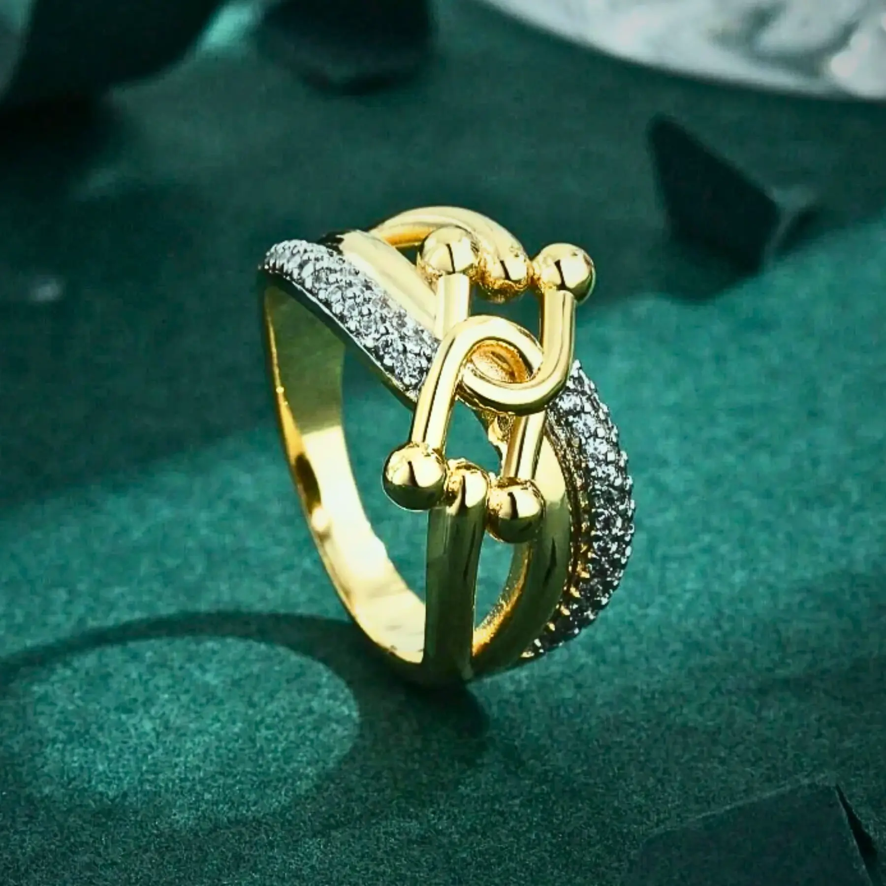 Luxury Inspired 18K Gold CZ Ring, Starry Sky & Horseshoe Design Women's Gift