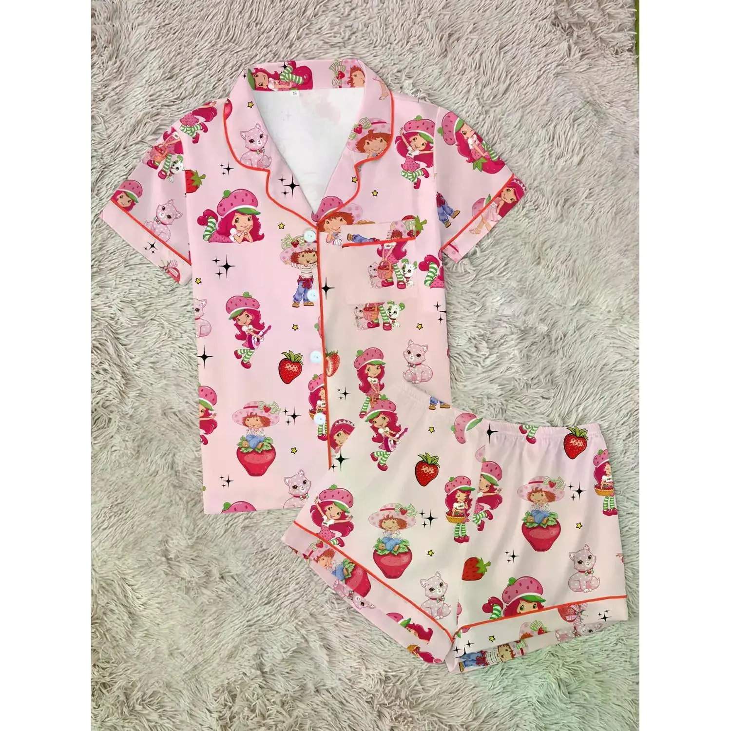 Charming Women's Strawberry Pajama Set, Vintage Soft-Tone Short Sleeve Button-Up Sleepwear, Cozy 2-Piece Summer Loungewear