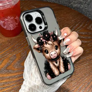 Cute Floral Highland Calf Pattern Shockproof Phone Case for iPhone 7 8 X XR 11 12 13 14 15 16 17 Pro Max Plus Air 17E Protecitved Soft Cover Adorable Cow