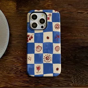 Phone case Blue Checkered Pattern Vacation-Style Phone Case, compatible with iPhone 17/16/16E/15/14/13/12/11 Pro Max/Air/X/XR/XS Max/8/7 Plus; shock-resistant, dual-layer hard PC back cover