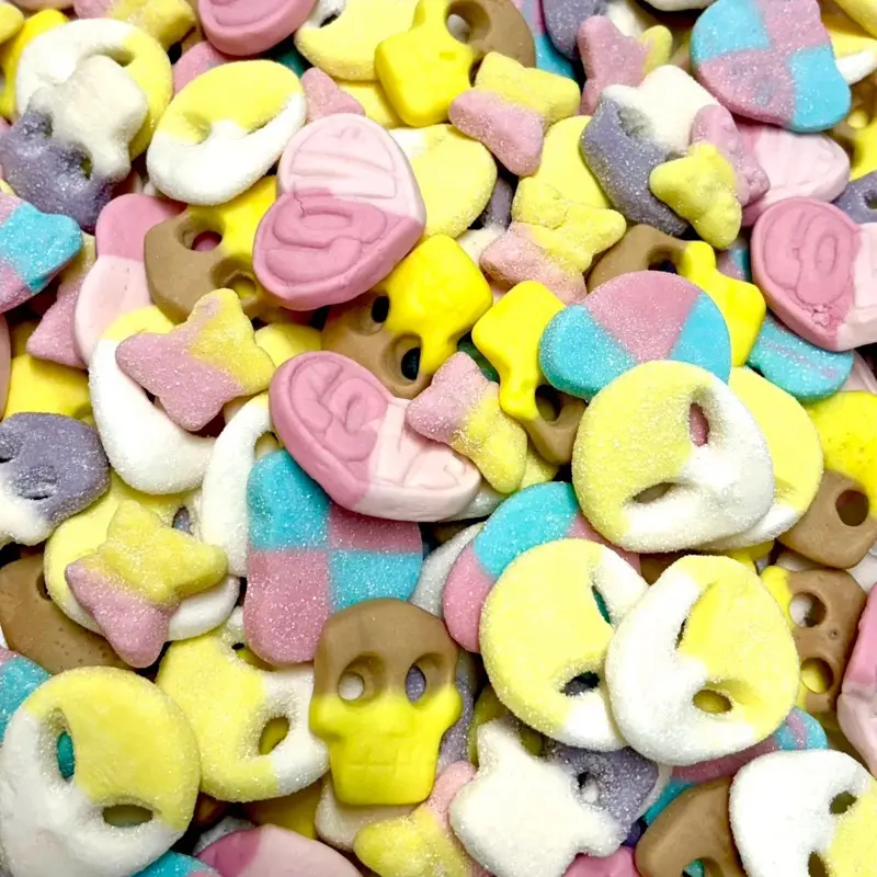 Mixed Swedish Candy Assortment - Bulk Mix, Multi-Size, Soft Texture Fruity Novelty Bite-Sized Sweet Treat Snacks: Sour Tutti Frutti Butterflies, Berry Bears, Strawberry Vanilla Hearts, Sour Grape Skulls, Banana Toffee Skulls