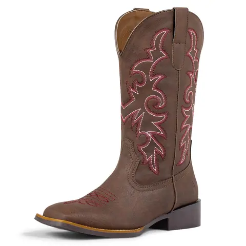 J'S.O.L.E Women's Western Country Square Wide Toe Mid-Calf Leather Cowgirl Boots - Stitch Embroidery, Rubber Outsole, All-Season Footwear for Country Concert, Daily Occasions, Pair with Jeans or Dresses (Brown) Walking Shoes