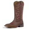 J'S.O.L.E Women's Western Country Square Wide Toe Mid-Calf Leather Cowgirl Boots - Stitch Embroidery, Rubber Outsole, All-Season Footwear for Country Concert, Daily Occasions, Pair with Jeans or Dresses (Brown) Walking Shoes