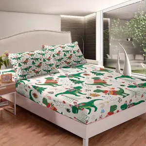 Christmas Luxury Fitted Sheet,Cartoon Dinosaur Christmas Tree Bedding Set,Snowman New Year Bed Sheet Set,Bedroom Decor Xmas Theme Bed Cover
